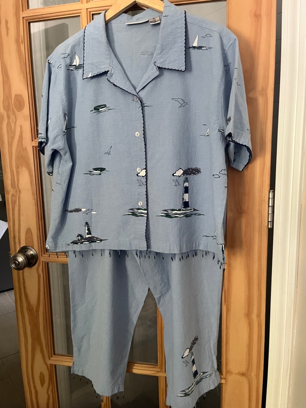 Vintage Lighthouse Coastal Grandma cotton beach set by Allyson Whitmore, Sz XL